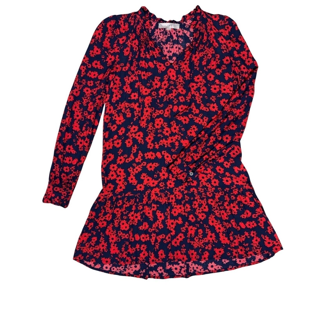 LOFT Dress XS Navy Blue Red Floral Print Drop Waist Ruffle Mini Cottagecore - Picture 8 of 8